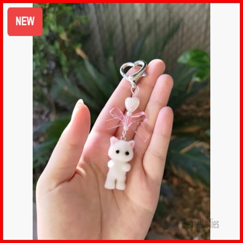 Faux Fur Cat Keychain with Heart Clip, 9cm Bag Charm - Picture 2 of 7